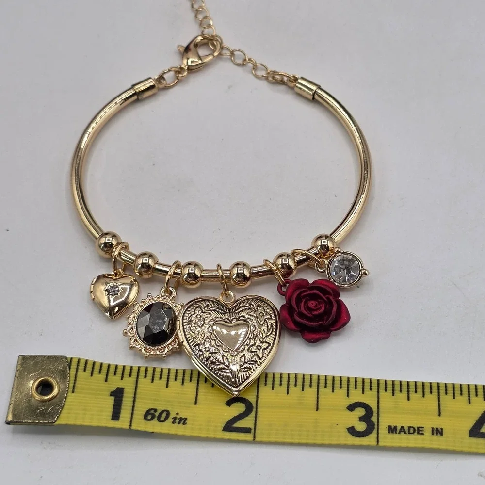 Guess Gold Tone Heart Locket Rose Charm Bangle Bracelet Adjustable Logo Tag